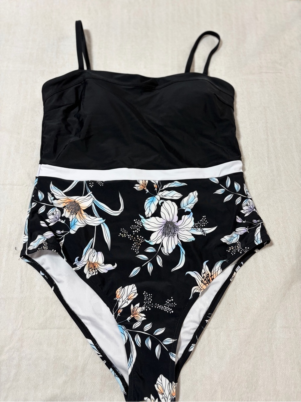 Black Floral One-Piece Swimsuit with White Trim